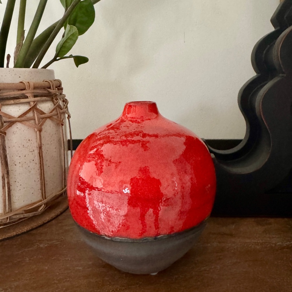 Crate&Barrel Red and Black Reactive Ceramic Bud Vase - Picture 2 of 5